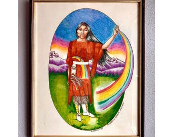 Rainbow Spirit Woman Original Marker Drawing Signed Su Manuel 1987 Framed