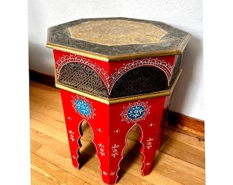 Vintage Moroccan Red Brass Accent Table Hand Painted Moorish Side Table