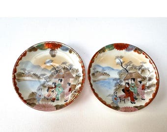 Japanese Hand Painted Kutani Style Porcelain Saucers Pair - Meiji Taisho Scenic Landscape