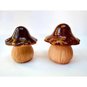 May include: Two ceramic mushroom figurines. The mushroom caps are a glossy dark brown with gold accents, and the stems are a light brown color. The figurines are set against a white background.