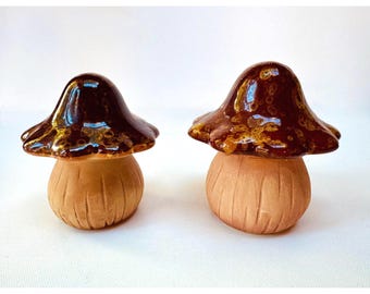 Vintage Ceramic Mushroom Pair Brown Drip Glaze Toadstool Decor