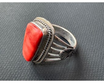 Vintage Sterling Silver Red Coral Ring, Southwest Style, Size 6.5