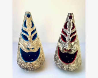Pair of Sculptural Ceramic Lanterns in Red and Blue | Cut-Out Forms | 16" Tall