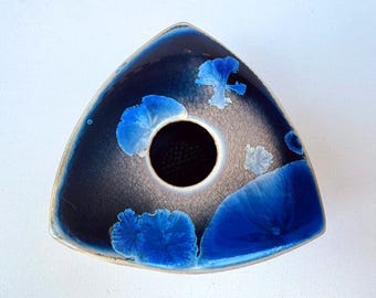 Vintage Crystalline Glaze Studio Pottery Flower Frog Vase Blue Ceramic Ikebana