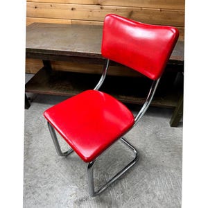 Kem Weber Style Lloyd Chrome Sled Chair Red Vinyl Machine Age 1930s