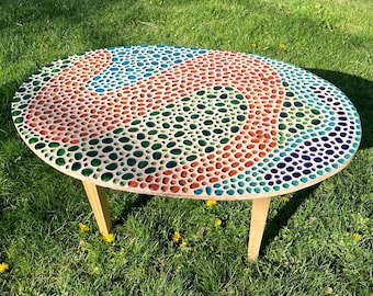 1967 Psychedelic Mosaic Coffee Table Signed Jim Price Mid Century Folk Art Glass