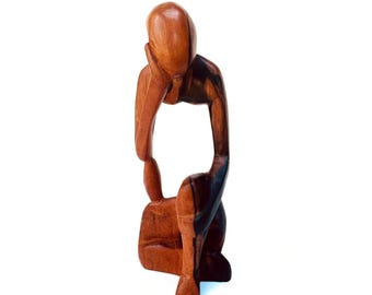 Vintage Hand Carved Abstract Wood Figure Sculpture Modernist Seated Form
