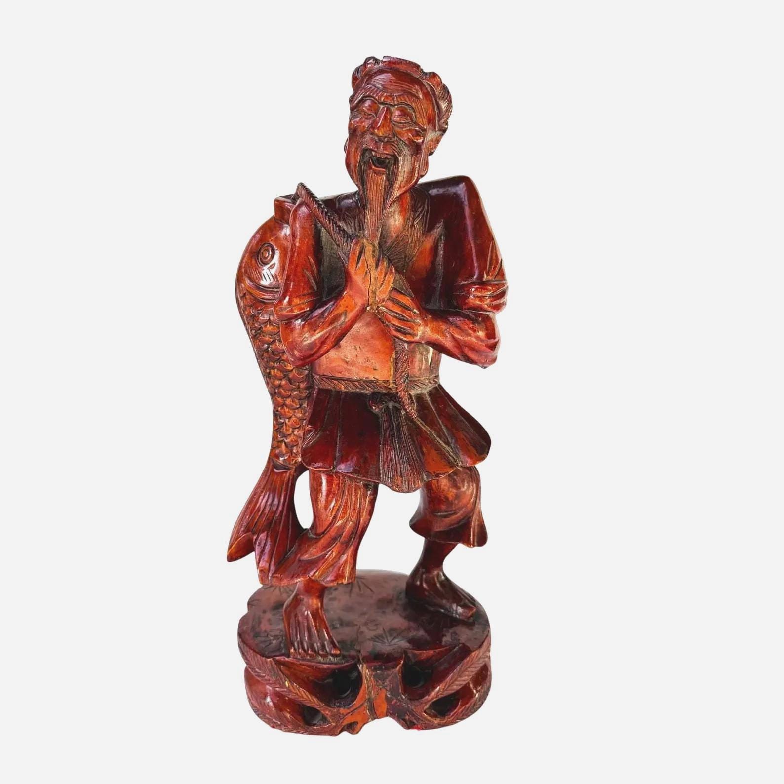 ヴィンテージ 中国 オリエンタル 日本 彫刻 木製 漁師 彫刻 Wooden Chinese Fisherman Carving - Etsy