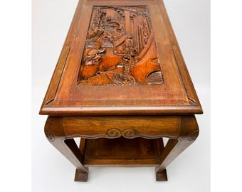 Vintage Asian Carved Wood Side Table Glass Top Chinoiserie End Table