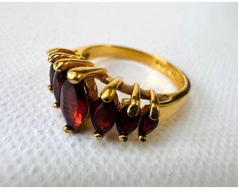 Vintage Garnet Red Rhinestone Ring Size 6.5 14K HGE Gold Tone