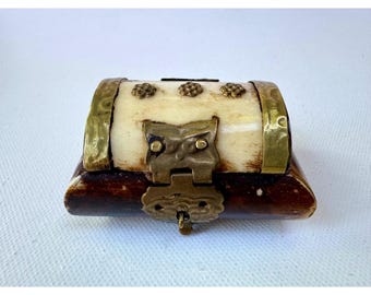 Vintage Indian Bone Inlaid Miniature Trinket Box Brass Mounted Jewelry Casket