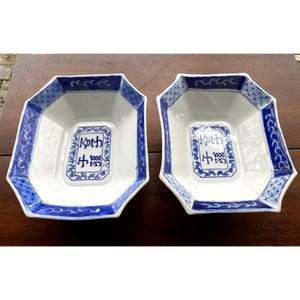 Pair Blue and White Porcelain Cachepots, Octagonal Chinese Planters with Dragon Motif