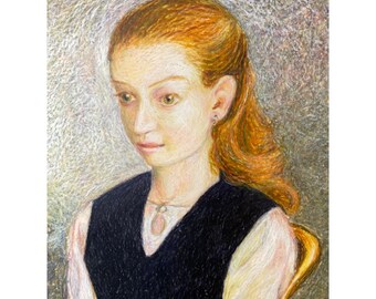 Mid Century Oil Portrait on Marble Tile - Expressive Impasto Painting of Young Girl - European Modernist Style Wall Art