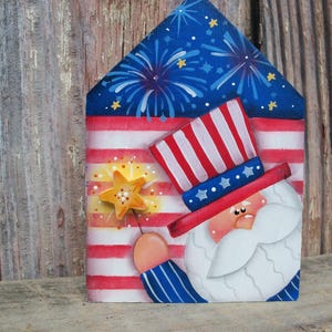 Americana, Patriotic cottage, Uncle Sam, fireworks, summer decor, red white and blue, shelf sitter. tier tray decor
