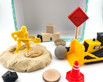 Construction and Truck Themed Homemade Mini Playdough Kit, Sensory Kit, Personalized Boys Gift Box