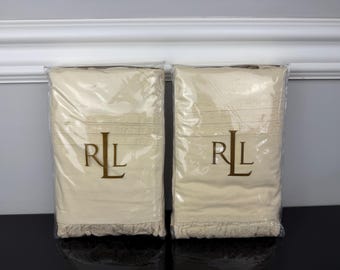 1990s New Ralph Lauren Post Road Eyelet Cream French Country Cottage Standard Shams Ruffled Embroidered Made in India