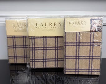 1990s New Ralph Lauren Surrey Garden Tattersal Plaid Purple Beige QUEEN Set / Pillowcases Flat and Fitted Sheet