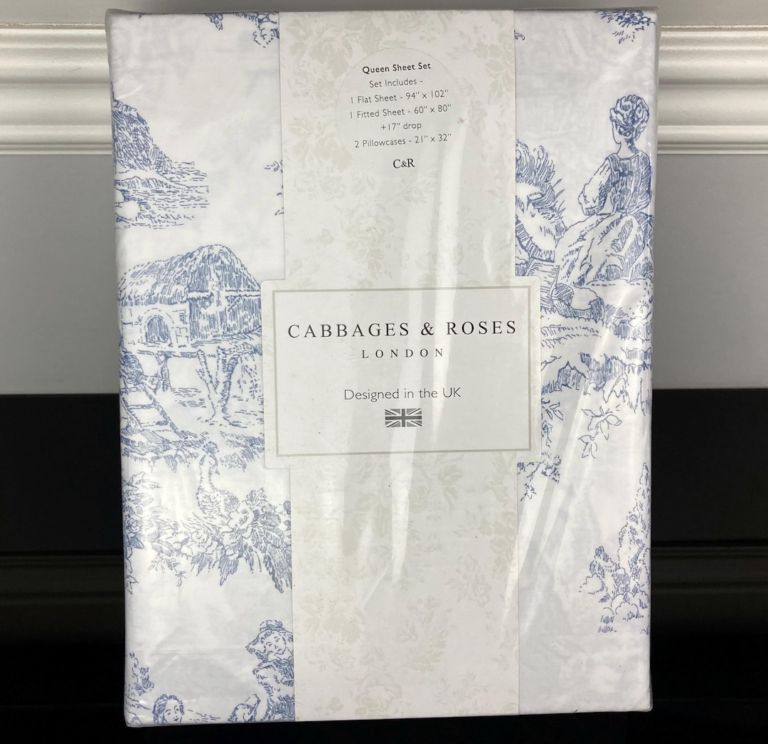 CABBAGES & ROSES London Country Toile Cottage Farmhouse Blue White ...