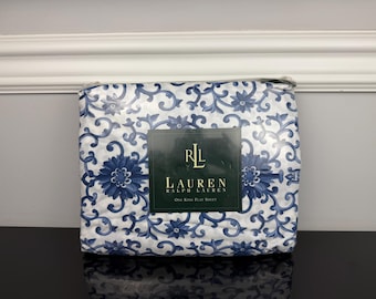 1990s Made in USA Ralph Lauren Porcelain Rosette Blue White Chinoiserie 100% Cotton Flat Sheet KING