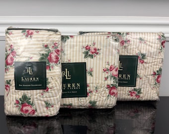 1980s USA New Ralph Lauren Marseilles Stripe Beige Rose Floral Ruffled QUEEN Sheet Set / Pillowcases Flat and FITTED Sheet up to 14" Deep