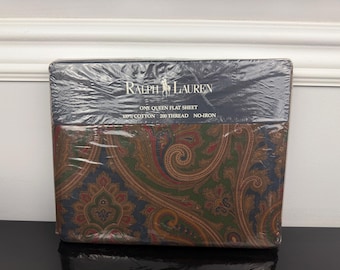 1980s Made in USA New Ralph Lauren Elizabeth Paisley Blue Green Brown 100% Cotton QUEEN Flat Sheet