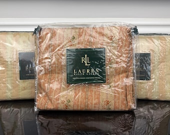 1990s New Ralph Lauren Trianon Stripe Floral Pink Beige 100% Cotton Duvet / Comforter Cover and Quilted Standard Shams 3 Pc Set Full / QUEEN