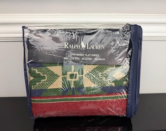 1990s Made in USA New Ralph Lauren Ralph Lauren Trading Post Multi Flannel Aztec / Southwestern Style Flat Sheet QUEEN