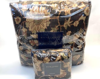 Ralph Lauren Harriman Floral Comforter and Bed Skirt 2 Pc Set 100% Cotton Sateen Brown Beige Tan FULL / QUEEN