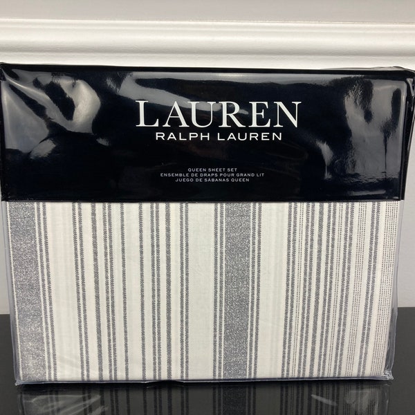 4 Pc Lauren Ralph Lauren 100% Cotton Luke Multi Stripe Cream Gray Sheet Set QUEEN