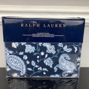 Ralph Lauren Delphine Paisley Duvet Cover 100% Cotton Sateen Navy Blue White QUEEN
