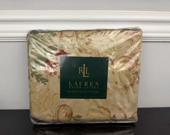 1990s ITALY New Ralph Lauren Grosvenor Square Floral Red Beige Floral King FITTED Sheet up to 14" Deep