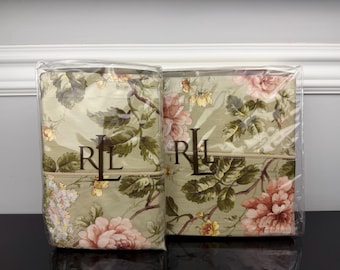 1990s New Ralph Lauren Yorkshire Rose Floral Sage English Country Cottage 100% Cotton Sateen QUEEN Flat Sheet Standard Pillowcases Set