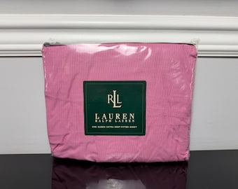 1990s Made in USA New Ralph Lauren Narrow Stripe Pink White Queen Fitted Sheet 14" Deep
