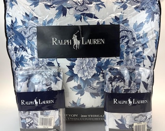 1980's USA New Ralph Lauren Nanking Blue White Porcelain Comforter Standard Shams 3 Pc Set Chinese Dragon Chinoiserie FULL / QUEEN