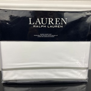 4 Pc Lauren Ralph Lauren 100% Cotton Spencer Border Sateen White Gray Sheet Set QUEEN