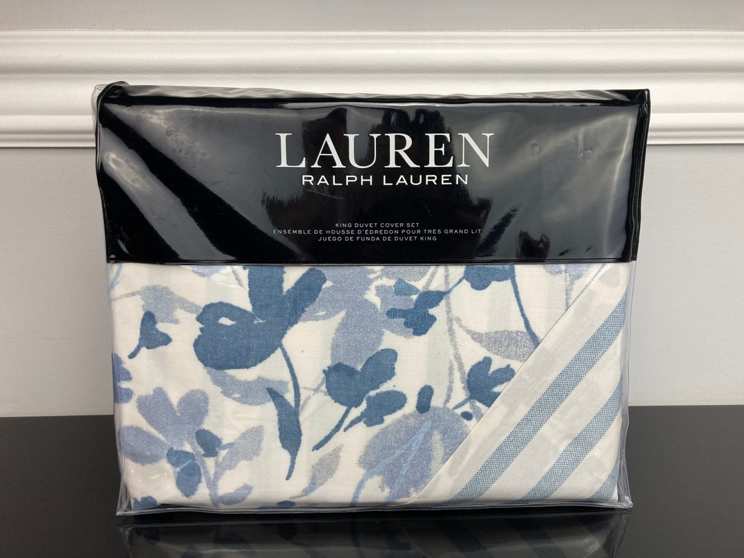 Ralph Lauren Ada Floral 3 Pc Cotton Duvet Cover Sham Set Blue Cream
