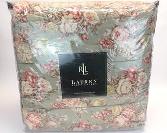 1980s Made in USA New Ralph Lauren Charlotte Floral Comforter 2 Ruffled Shams Set Sage Green KING