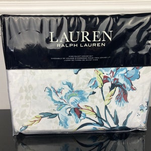 Ralph Lauren Eden Botanical Floral 100% Cotton 3Pc Duvet Cover Shams Set White Blue KING