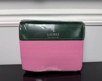 1990s Made in USA New Ralph Lauren Narrow Stripe Pink White FULL Sheet Set  / Standard Pillowcases Flat and FITTED Sheet up to 14"