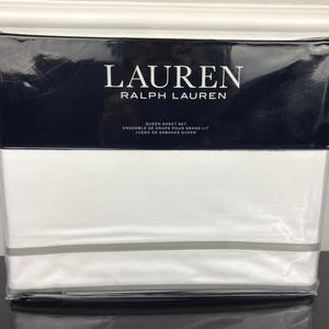 4 Pc Lauren Ralph Lauren 100% Cotton Spencer Border Sateen White Gray Sheet Set QUEEN
