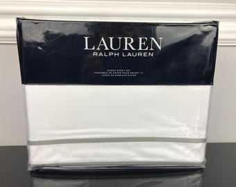 4 Pc Lauren Ralph Lauren 100% Cotton Spencer Border Sateen White Gray Sheet Set QUEEN