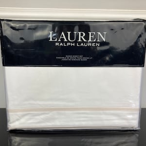 Ralph Lauren Spencer Border Sateen 100% Cotton 4 Pc Sheet Set Cream White QUEEN