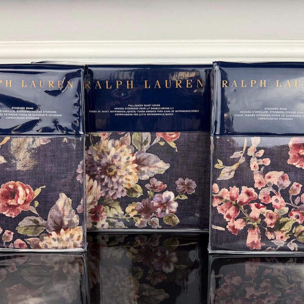 Ralph Lauren Elyse Floral Duvet Cover and Shams 3 Pc Set Woven Cotton Eggplant Dark Purple FULL / QUEEN