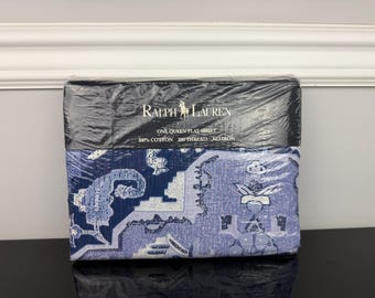 1990s Made in USA Ralph Lauren Yasmine Blue Traditional Persian Oriental Medalion Chinoiserie 100% Cotton Flat Sheet QUEEN