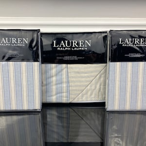 Ralph Lauren Graydon Bold Stripe 100% Cotton Duvet Euro Sham 3 Pc Set Dune Chambray Blue Cream KING