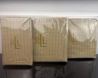 1990s New Ralph Lauren Vintage Explorer Windowpane Camel KING Set / Pillowcases Flat and Fitted Sheet