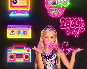 Arte de parede com letreiro dos anos 2000, letreiro de LED com estética dos anos 2000, letreiro de neon com clima dos anos 2000, decoração de festa com luz de LED personalizada, decoração de dormitório dos anos 2000