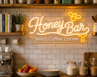 Custom Honey Bar Neon Sign, Personalized Coffee Corner Light for Kitchen Cafe Wall Decor, Bee Bakery Gift and Sweet Home Bar Wall Glow