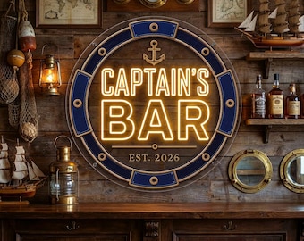 Custom Captain Bar Neon Sign, Nautical Porthole Wall Light with Anchor, Custom Home Bar Decor, Man Cave Gift for Lake House Lounge Wall