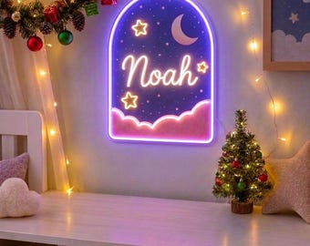 Custom Nursery Name Sign, Starry Noah Neon Light for Baby Room Gallery Wall, Moon and Stars Decor, Personalized Baby Shower Gift Idea